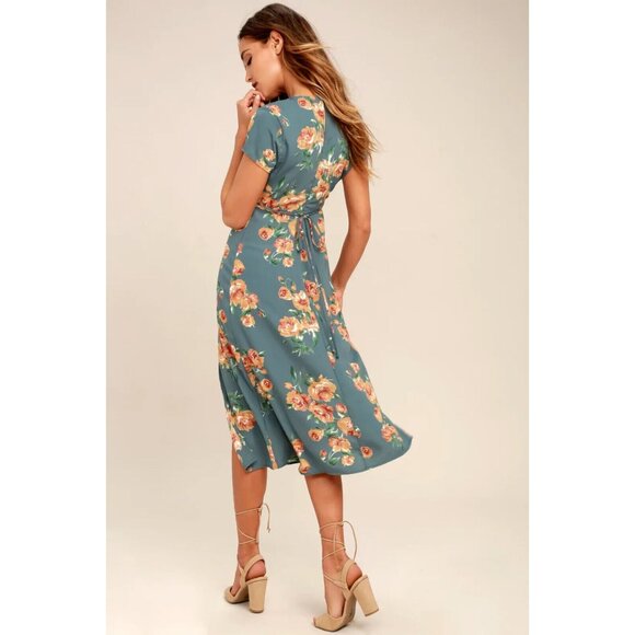 Lulus Dress Blue Floral Print V Neck Cutout Midi Hawaiian - Picture 3 of 15